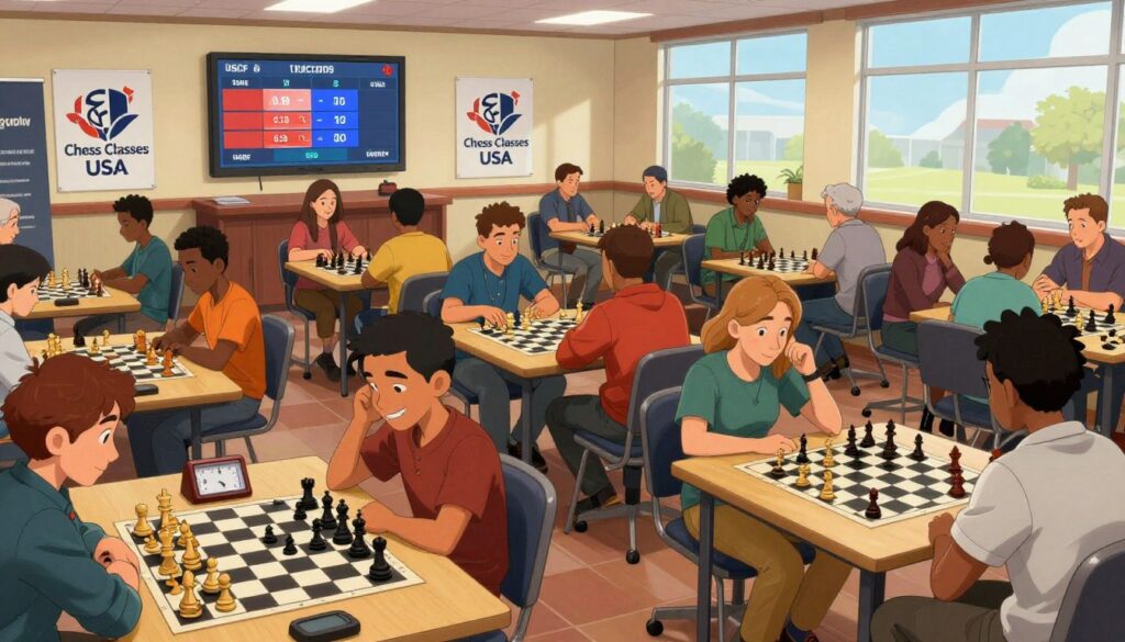A vibrant, dynamic scene depicting a diverse global chess community gathered in a well-lit chess hall. In the foreground, a group of players of various ages, ethnicities, and skill levels are intensely focused on their chess boards, showcasing a mix of modern and traditional chess pieces. In the middle, tables are adorned with chess boards and clocks, while a large digital scoreboard displays live ratings from USCF and Chess.com, symbolizing the competition and camaraderie. The background features banners with the logo of "Chess Classes USA," and large windows letting in natural light, creating an inviting and energetic atmosphere. The room is filled with excitement, anticipation, and the spirit of friendly competition, emphasizing inclusivity and passion for the game. The angle is slightly elevated to capture the full scale of the event and the enthusiasm of the participants.