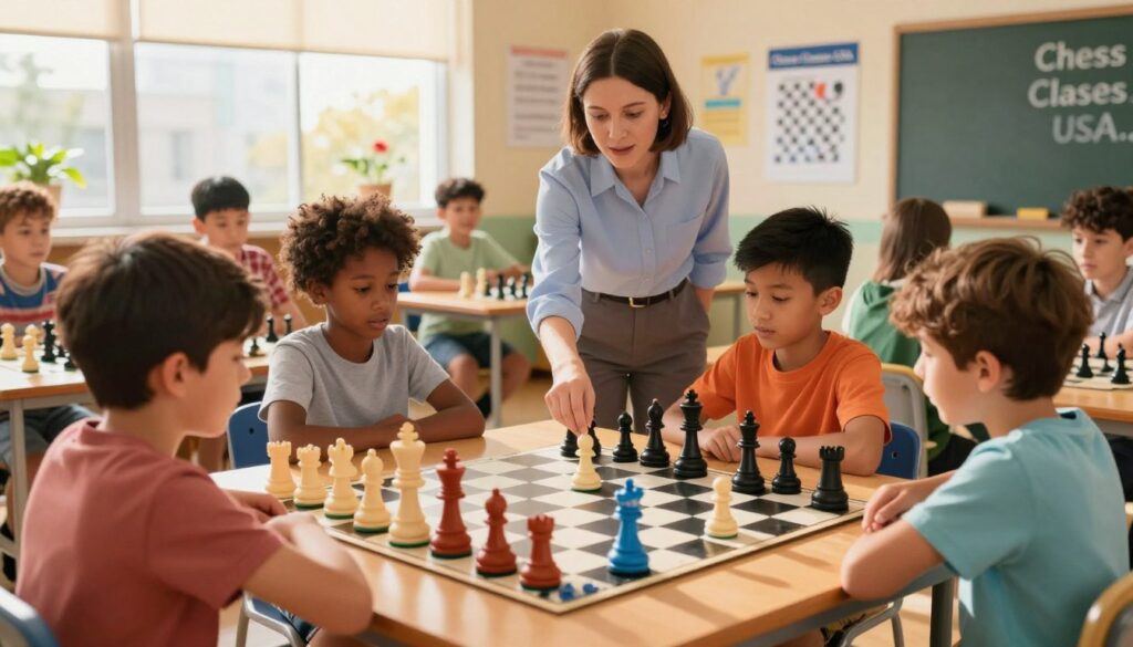 A vibrant, dynamic scene depicting a group of children engaged in a scholastic chess class. In the foreground, a diverse group of kids, aged 8-12, is intently focused on a chessboard, showcasing their strategic moves while using colorful, oversized chess pieces. They are dressed in professional casual attire, displaying enthusiasm and concentration. The middle ground features a knowledgeable instructor guiding them, highlighting the importance of educational initiatives. In the background, a bright classroom with educational posters about chess, a large window with sunlight streaming in, and motivational quotes on the wall create an inspiring atmosphere. The overall mood is uplifting and energetic, reflecting the joy of learning chess. Include "Chess Classes USA" branding subtly on a poster or board within the classroom. The lighting is warm and inviting, shot from a slightly elevated angle to capture the whole scene.