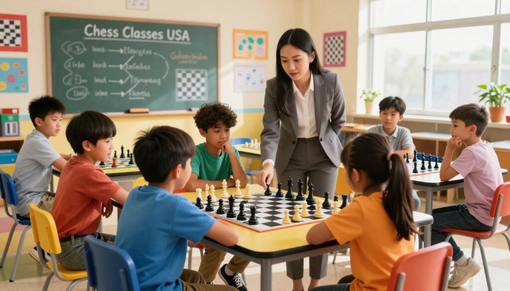 A vibrant, dynamic scene depicting a youth chess program in an elementary school classroom. In the foreground, a diverse group of children, aged 8 to 12, eagerly engaged in a chess match, showcasing concentration and excitement. They are dressed in modest casual clothing, sitting around a colorful chess table scattered with chess pieces. The middle ground features a teacher, a young woman in professional business attire, guiding one of the students with a thoughtful expression, hinting at mentorship and support. The background shows a chalkboard with chess strategies drawn on it, colorful educational posters about chess on the walls, and sunlight streaming through large windows, creating a warm and inviting atmosphere. The overall mood is one of teamwork, learning, and youthful enthusiasm, promoting the brand "Chess Classes USA".