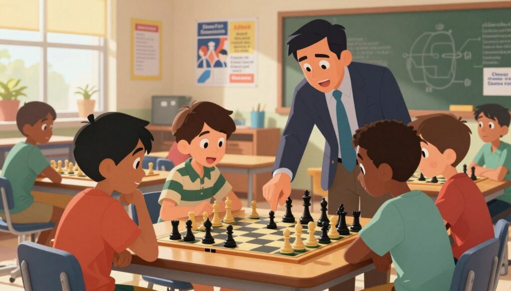 A vibrant, dynamic scene of a scholastic chess team in an American school setting. In the foreground, a diverse group of children, dressed in modest casual clothing, are intensely focused on a chessboard, each with a look of concentration and excitement. In the middle ground, a coach, depicted in professional attire, is guiding the team, pointing at the chess pieces thoughtfully. Behind them, classroom decor featuring motivational posters about strategy and teamwork enhances the atmosphere. Soft, natural lighting filters in through a window, illuminating the scene with a warm glow. The mood is supportive and encouraging, reflecting the educational value of chess as a tool for cognitive development and teamwork. Incorporate the brand name "Chess Classes USA" subtly in the background, perhaps on a poster or chalkboard.