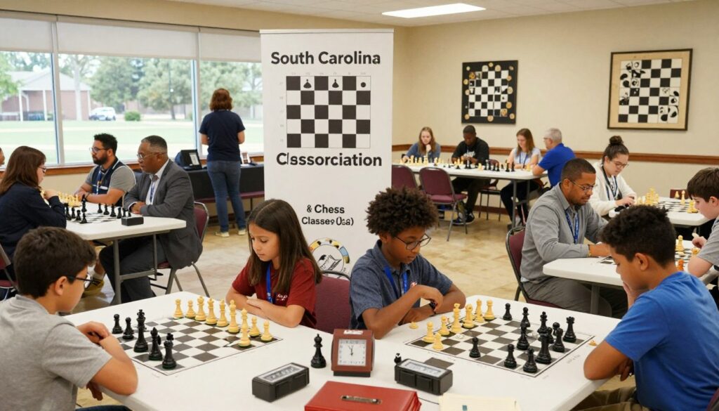 A vibrant, dynamic scene showcasing a chess tournament organized by the South Carolina Chess Association. In the foreground, a diverse group of players, including children and adults, are focused intensely on their chessboards, dressed in smart casual attire. The middle ground features a large banner reading "South Carolina Chess Association," flanked by tables filled with chess sets and clocks, with competitive matches in progress. The background reveals a well-lit community center, decorated with chess-themed artwork, and spectators enthusiastically watching the games. Soft, natural lighting filters through large windows, creating a warm, inviting atmosphere. The mood is one of excitement and concentration, illustrating the spirit of chess competition. Include the logo of "Chess Classes USA" subtly in the design elements.