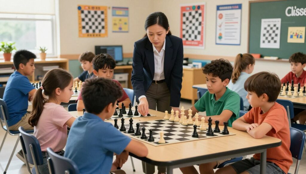 A vibrant, dynamic school chess program scene in Utah. In the foreground, diverse children aged 8-12, both boys and girls, are seated around a large table engrossed in a chess match, showcasing intense concentration. They are wearing modest casual clothing. In the middle ground, a dedicated chess instructor, dressed in smart business attire, observes and offers guidance, embodying the spirit of mentorship. The background features a colorful classroom adorned with chess-themed posters and educational materials, including a visible logo of "Chess Classes USA". Soft, natural lighting filters through windows, creating a warm and inviting atmosphere. The image captures the joy of learning and the competitive spirit of scholastic chess, highlighting the engagement and camaraderie among young chess players in Utah.