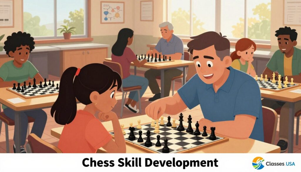 A vibrant educational scene illustrating "Chess Skill Development," focused on a diverse group of individuals engaged in chess training. In the foreground, a middle-aged man instructs a young girl, both deeply focused on a chessboard filled with pieces, their expressions showing concentration and enthusiasm. In the middle layer, several people of varying ages and backgrounds are seen participating in a workshop, with chess boards and strategic diagrams around them. The background features a spacious room with large windows allowing warm sunlight in, creating a welcoming atmosphere. Natural light enhances the professionalism of the setting. The overall mood is encouraging and dynamic, embodying the essence of learning and improvement in chess. At the bottom corner, the logo of "Chess Classes USA" is subtly integrated, reflecting the topic of chess tournament systems.