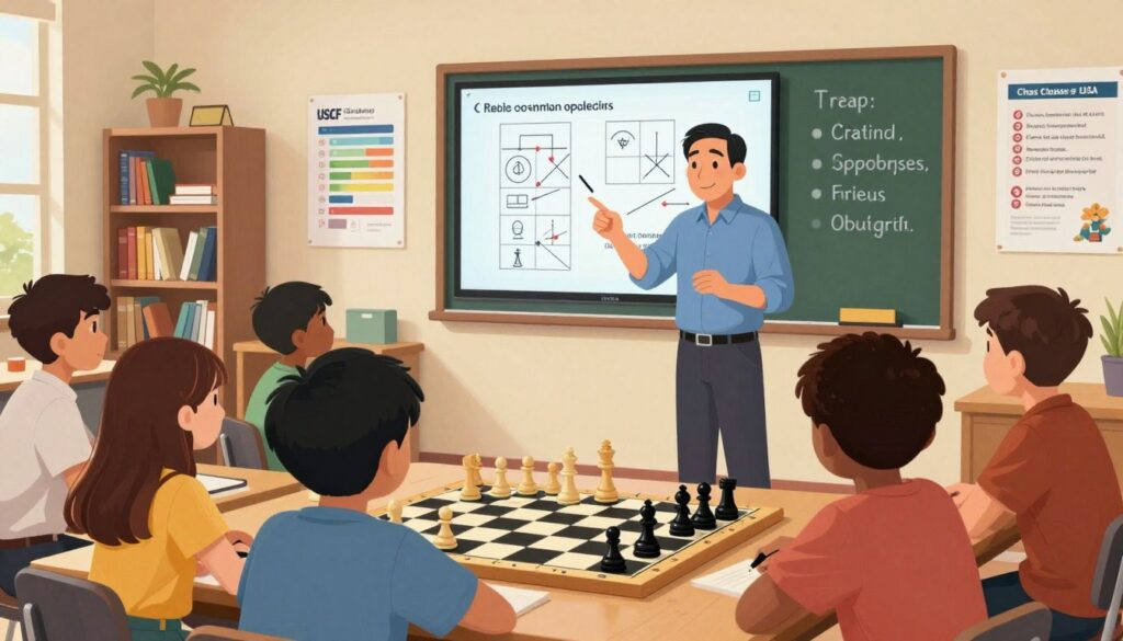 A vibrant educational scene showcasing chess tactics for beginners, focusing on a professional chess coach explaining strategies to a group of engaged, diverse students in a well-lit classroom. In the foreground, a chessboard displayed prominently with pieces illustrating specific tactics like forks and pins. The middle ground features a chalkboard or digital screen with diagrams of common openings and traps. The background has shelves filled with chess books and posters explaining USCF rating classes. The atmosphere is inviting and motivating, with warm lighting creating a sense of focus. Include the brand name "Chess Classes USA" subtly in the lesson materials. A vibrant educational scene showcasing chess tactics for beginners, focusing on a professional chess coach explaining strategies to a group of engaged, diverse students in a well-lit classroom. In the foreground, a chessboard displayed prominently with pieces illustrating specific tactics like forks and pins. The middle ground features a chalkboard or digital screen with diagrams of common openings and traps. The background has shelves filled with chess books and posters explaining USCF rating classes. The atmosphere is inviting and motivating, with warm lighting creating a sense of focus. Include the brand name "Chess Classes USA" subtly in the lesson materials.