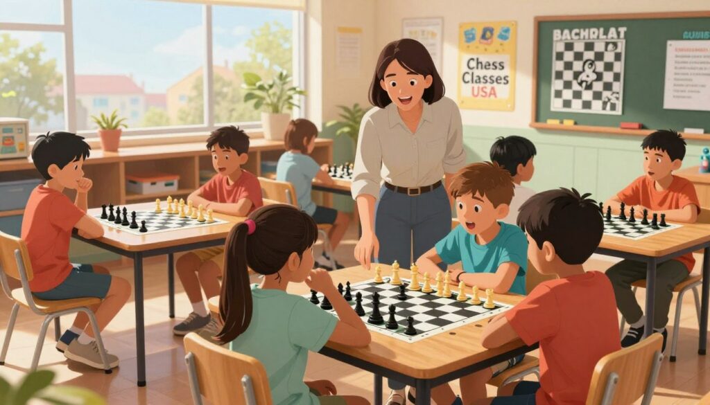 A vibrant, engaging classroom scene depicting children participating in chess classes hosted by "Chess Classes USA". In the foreground, a diverse group of kids, aged 8-12, are seated at wooden chess tables, intently focusing on their boards, with expressions of concentration and excitement. Some are in modest casual clothing, fostering a friendly environment. The middle ground features a smiling instructor guiding students, emphasizing the spirit of learning and collaboration. In the background, colorful educational posters of chess strategies adorn the walls, with sunlight streaming through large windows, creating a warm and inviting atmosphere. The composition captures a sense of community and enthusiasm for the game of chess in a bustling, well-lit classroom setting, shot from a slightly elevated angle to encompass the dynamics of the scene.