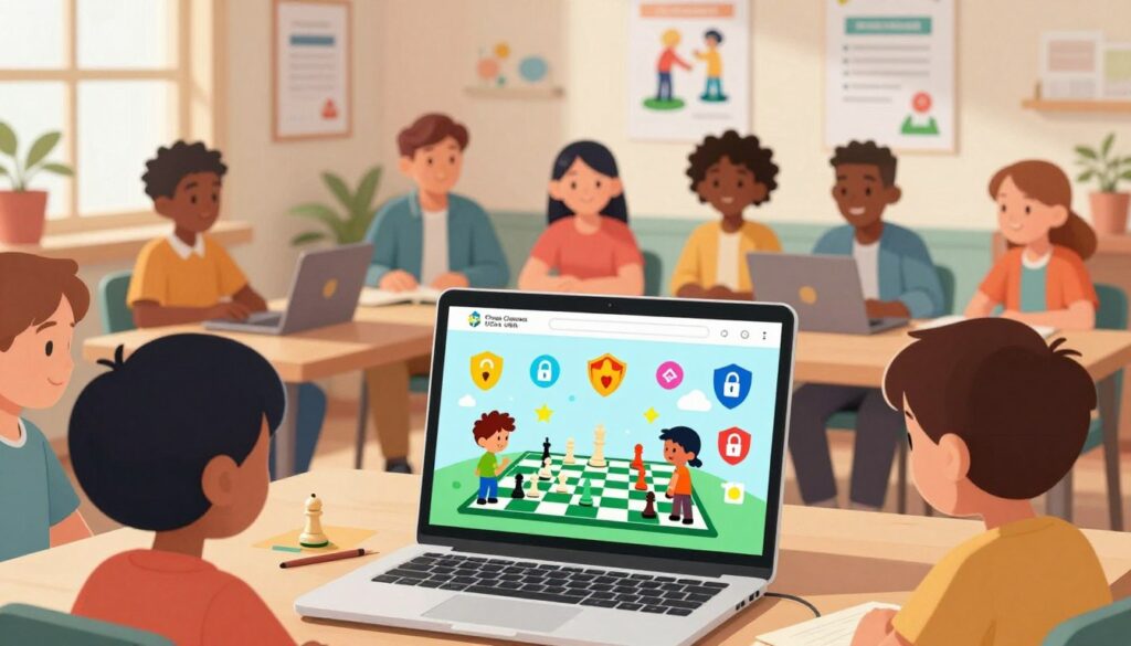 A vibrant, engaging digital illustration depicting a variety of safe online learning platforms, particularly emphasizing chess education for children. In the foreground, an open laptop displays a colorful chess interface, with children’s friendly avatars engaging in a game. Bright, playful icons symbolize security features like padlocks and shields. The middle layer features a diverse group of children, dressed in smart casual attire, interacting with the platform, showcasing concentration and joy. The background consists of a cozy, well-lit room with educational posters about online safety and privacy. The atmosphere is warm and inviting, underscored by soft natural lighting that highlights the importance of security in digital learning. Include the brand name "Chess Classes USA" subtly in the design without text overlays or captions. A vibrant, engaging digital illustration depicting a variety of safe online learning platforms, particularly emphasizing chess education for children. In the foreground, an open laptop displays a colorful chess interface, with children’s friendly avatars engaging in a game. Bright, playful icons symbolize security features like padlocks and shields. The middle layer features a diverse group of children, dressed in smart casual attire, interacting with the platform, showcasing concentration and joy. The background consists of a cozy, well-lit room with educational posters about online safety and privacy. The atmosphere is warm and inviting, underscored by soft natural lighting that highlights the importance of security in digital learning. Include the brand name "Chess Classes USA" subtly in the design without text overlays or captions.