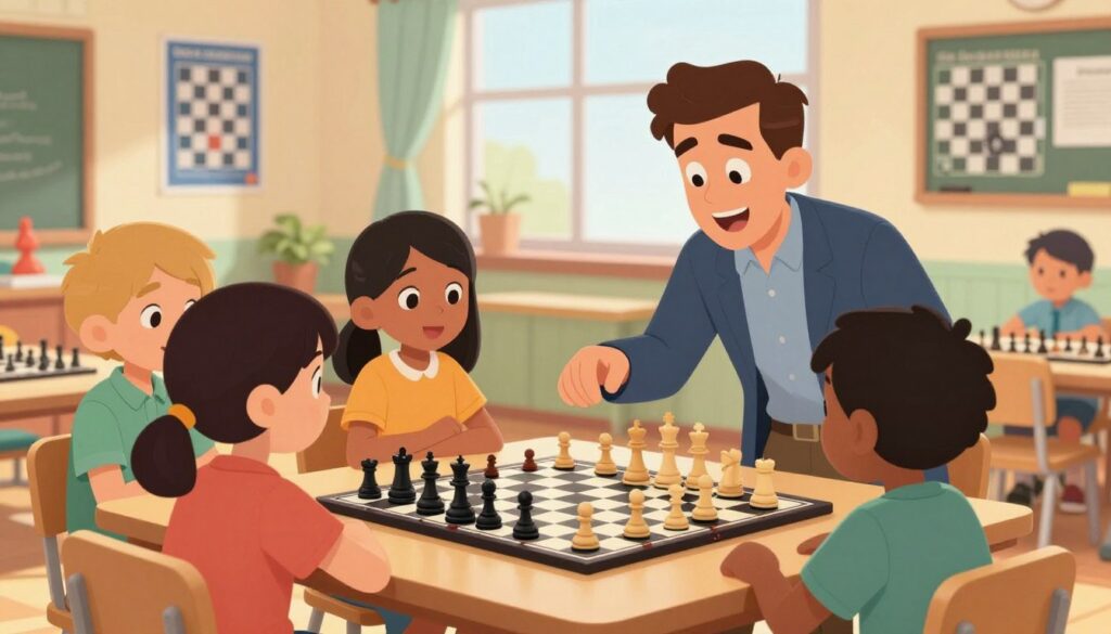 A vibrant, engaging scene depicting a chess coaching session for kids. In the foreground, a friendly, enthusiastic chess coach, dressed in smart casual attire, is guiding a group of diverse children, aged 8-12, gathered around a chessboard that displays an ongoing game. The kids, boys and girls, are focused and attentive, with expressions of curiosity and excitement. The middle ground features a warm, inviting classroom with bright colors and posters of famous chess players on the walls, creating an educational atmosphere. In the background, a large window lets in soft, natural light, illuminating the space. The overall mood is supportive and inspiring, showcasing the importance of personalized instruction in chess. Include a subtle logo of "Chess Classes USA" in the corner, ensuring no distractions or overlays.