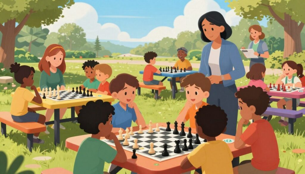 A vibrant, engaging scene illustrating child development through chess, showcasing a diverse group of young children, ages 8-12, engaged in a summer chess camp hosted by "Chess Classes USA". In the foreground, several children of varying ethnicities, focused and excited, are gathered around a large chessboard, deep in thought as they strategize their next moves. The middle ground features colorful picnic tables adorned with chess pieces and educational materials, while instructors, dressed in smart casual attire, guide and encourage the kids. The background reveals a sunny park setting with trees and a bright blue sky, creating a warm and inviting atmosphere. Soft, natural lighting enhances the playful mood, and a slight tilt-angle perspective emphasizes the dynamic interactions between the children and their chess challenges. A vibrant, engaging scene illustrating child development through chess, showcasing a diverse group of young children, ages 8-12, engaged in a summer chess camp hosted by "Chess Classes USA". In the foreground, several children of varying ethnicities, focused and excited, are gathered around a large chessboard, deep in thought as they strategize their next moves. The middle ground features colorful picnic tables adorned with chess pieces and educational materials, while instructors, dressed in smart casual attire, guide and encourage the kids. The background reveals a sunny park setting with trees and a bright blue sky, creating a warm and inviting atmosphere. Soft, natural lighting enhances the playful mood, and a slight tilt-angle perspective emphasizes the dynamic interactions between the children and their chess challenges.
