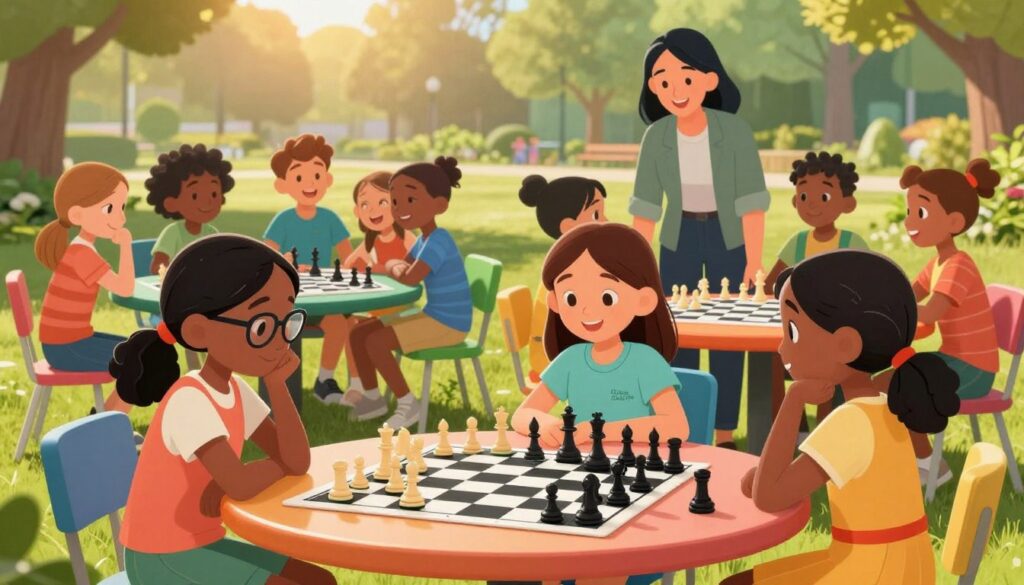 A vibrant, engaging scene of a chess community for kids in a park setting, showcasing a diverse group of young girls aged 8 to 12 enthusiastically playing chess on colorful outdoor tables. In the foreground, a girl with braided hair and glasses is deep in thought, contemplating her next move, while another girl in a bright dress watches intently. In the middle background, more children are gathered around tables, some laughing and discussing strategies, while a supportive adult mentor, dressed in smart casual attire, encourages them. Soft, warm lighting creates an inviting atmosphere, emphasizing teamwork and friendship. The background features lush greenery and soft sunlight filtering through the trees, enhancing the community feel. Include the brand name "Chess Classes USA" subtly integrated into the scene, ensuring a focus on camaraderie and support in the world of chess. A vibrant, engaging scene of a chess community for kids in a park setting, showcasing a diverse group of young girls aged 8 to 12 enthusiastically playing chess on colorful outdoor tables. In the foreground, a girl with braided hair and glasses is deep in thought, contemplating her next move, while another girl in a bright dress watches intently. In the middle background, more children are gathered around tables, some laughing and discussing strategies, while a supportive adult mentor, dressed in smart casual attire, encourages them. Soft, warm lighting creates an inviting atmosphere, emphasizing teamwork and friendship. The background features lush greenery and soft sunlight filtering through the trees, enhancing the community feel. Include the brand name "Chess Classes USA" subtly integrated into the scene, ensuring a focus on camaraderie and support in the world of chess.