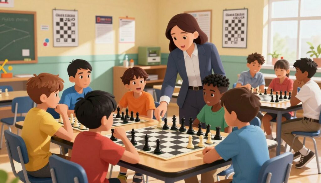 A vibrant, engaging scene showcasing a scholastic chess program in a school setting. In the foreground, a diverse group of children, ages 8-12, are intently focused on a chess match, displaying enthusiasm and concentration, dressed in casual yet neat clothing. In the middle ground, a dedicated teacher, in professional attire, guides a small group of students, emphasizing strategy on a large chessboard. The background features colorful classroom walls adorned with chess-themed decorations and posters promoting Chess Classes USA, creating an inspiring atmosphere. Soft, natural lighting streams through windows, casting gentle shadows, enhancing the sense of a warm, inviting learning environment. The overall mood is one of excitement and engagement, capturing the essence of scholastic chess initiatives.