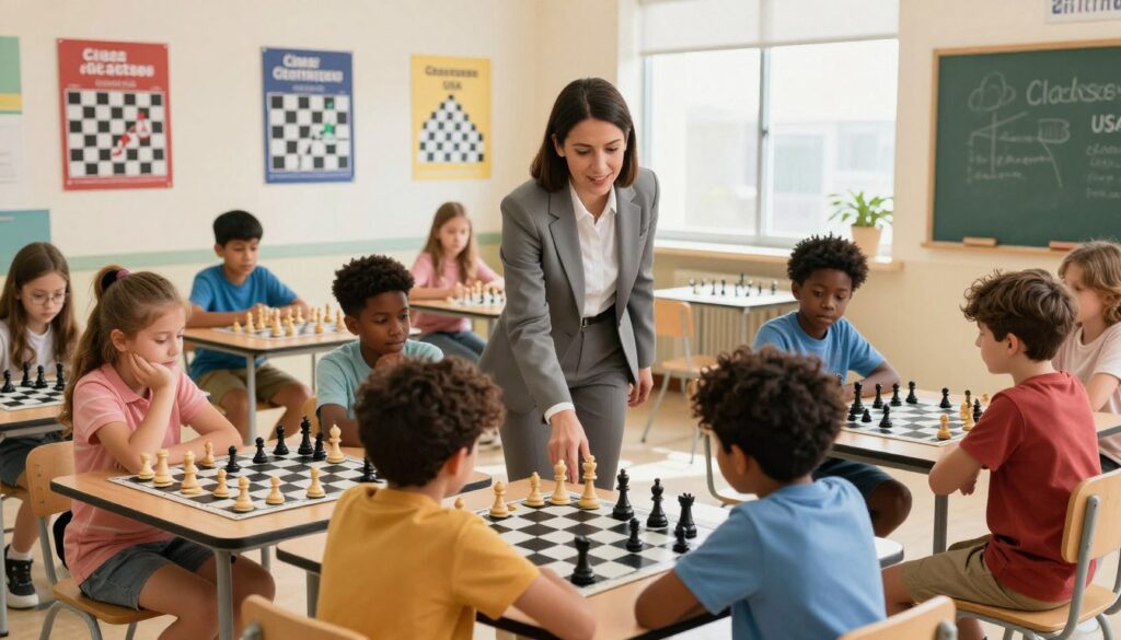 A vibrant group chess class setting in a bright, airy classroom. In the foreground, children aged 8-12, wearing modest casual clothing, eagerly focus on their chess boards, showcasing diverse ethnic backgrounds. In the middle, a knowledgeable chess instructor, dressed in professional business attire, moves between the students, offering tips and encouragement. The backdrop features motivational posters about chess strategies and a large window letting in soft, natural light. The atmosphere is lively and supportive, emphasizing collaboration and learning, as students interact and discuss their moves. The composition utilizes a slightly elevated angle to capture the engagement of the students and the instructor's guidance effectively. Include "Chess Classes USA" branding discreetly on a chalkboard in the background, incorporating a sense of community and structure in chess learning.