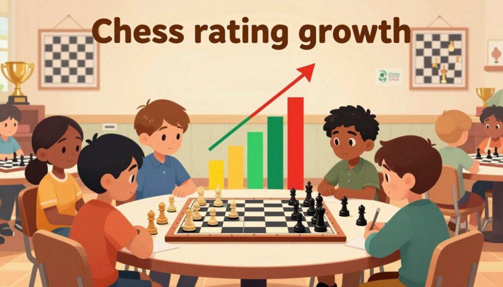 A vibrant illustration depicting "Chess rating growth" set in a friendly, inviting environment. In the foreground, a diverse group of children aged 8-12, wearing professional casual clothing, enthusiastically play chess at a round table, their expressions focused and determined. In the middle, a large chessboard displays pieces in mid-game, showcasing strategic positioning, while colorful rating bars rise alongside each player, visually representing their growth in ratings. The background features a classroom filled with chess trophies and educational posters on chess strategies. Soft, warm lighting creates a cheerful atmosphere, highlighting the joy of learning. Capture the essence of growth and teamwork, with the logo "Chess Classes USA" discreetly integrated into the scene.