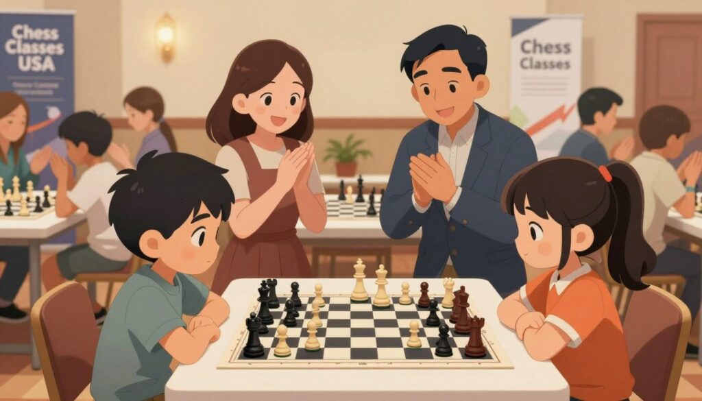 A vibrant illustration of young children passionately engaged in a friendly chess match in a cozy tournament setting. In the foreground, two kids, one boy and one girl, are intently playing chess, their expressions showing focus and determination. Both are dressed in modest casual clothing, promoting a sense of professionalism and respect. In the middle ground, parents watch with supportive smiles, exhibiting positive gestures like clapping. The background features a softly lit tournament room with chess boards lined up, decorative banners that read “Chess Classes USA,” and a few spectators. The atmosphere is warm and encouraging, emphasizing the importance of sportsmanship and collaboration. The angle captures the children and parents, highlighting the bond of encouragement and learning among young chess players.