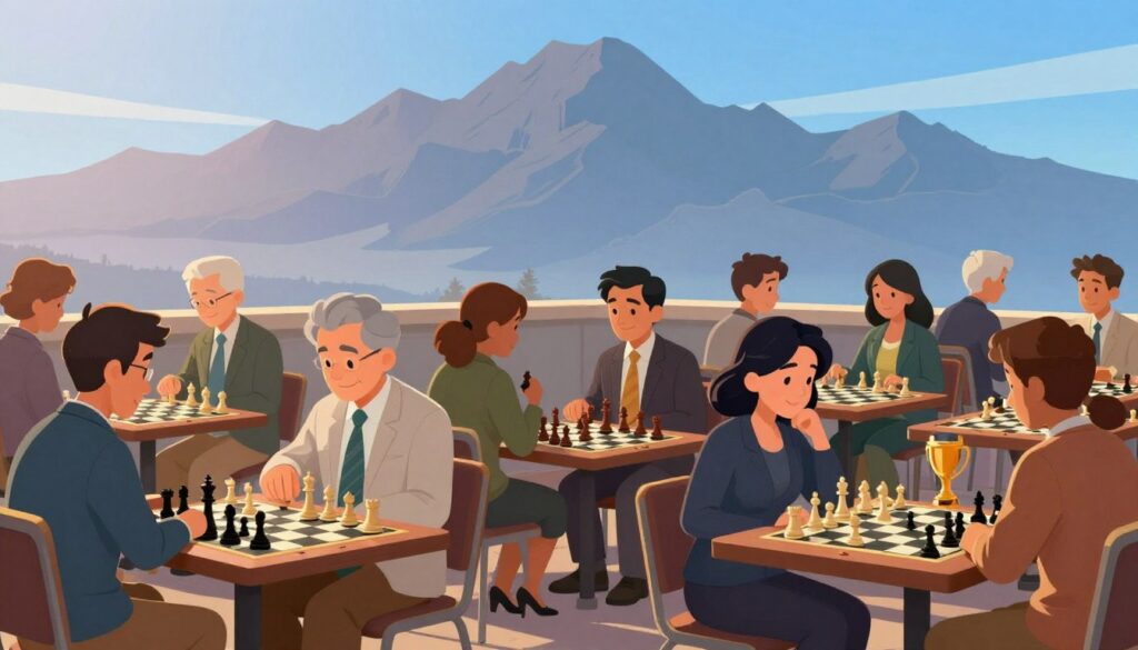 A vibrant illustration showcasing the historical roots and modern growth of chess in Utah. In the foreground, depict a diverse group of players, including men and women of various ages, all engaged in an intense chess match, dressed in professional business attire and modest casual clothing. In the middle ground, include elements like chess boards, pieces, and trophies representing local Salt Lake City clubs and school competitions. The background features the stunning silhouette of Utah’s mountains under a clear blue sky, symbolizing growth and competition. The lighting is warm and inviting, with soft sunlight illuminating the scene, creating an inspiring atmosphere. Include the logo of "Chess Classes USA" subtly incorporated into the design, without text or watermarks.