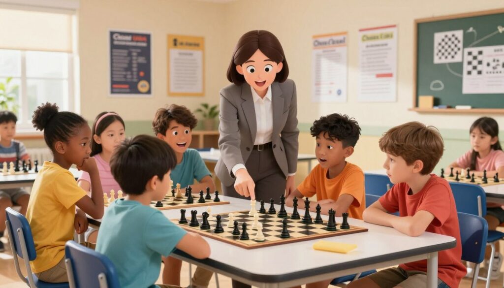 A vibrant image depicting a youth chess development scene. In the foreground, a diverse group of children, aged 8 to 12, sitting at a chess table, deeply engaged in a game, showcasing varied expressions of concentration and excitement. They are dressed in colorful, modest casual clothing. In the middle ground, a friendly, knowledgeable instructor in professional attire is guiding the children, pointing to a chessboard with animated chess pieces. The background features a bright, well-lit classroom with motivational posters about chess strategies and growth on the walls, creating a stimulating atmosphere. Soft natural lighting pours through windows, enhancing the sense of warmth and encouragement. Incorporate the branding "Chess Classes USA" subtly in the classroom decor. The mood is inspiring and nurturing, emphasizing the journey of learning and the fluctuations in youth chess ratings. A vibrant image depicting a youth chess development scene. In the foreground, a diverse group of children, aged 8 to 12, sitting at a chess table, deeply engaged in a game, showcasing varied expressions of concentration and excitement. They are dressed in colorful, modest casual clothing. In the middle ground, a friendly, knowledgeable instructor in professional attire is guiding the children, pointing to a chessboard with animated chess pieces. The background features a bright, well-lit classroom with motivational posters about chess strategies and growth on the walls, creating a stimulating atmosphere. Soft natural lighting pours through windows, enhancing the sense of warmth and encouragement. Incorporate the branding "Chess Classes USA" subtly in the classroom decor. The mood is inspiring and nurturing, emphasizing the journey of learning and the fluctuations in youth chess ratings.
