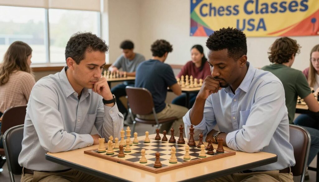 A vibrant indoor chess club scene in Minnesota featuring diverse players engaged in an intense match. In the foreground, a middle-aged African American man in a business casual shirt thoughtfully contemplates his next move, while a young Caucasian girl in a modest sweater analyzes the board. The chess pieces are traditional wooden ones, beautifully detailed, set against a backdrop of a colorful banner displaying "Chess Classes USA." In the middle ground, several other players are deep in concentration, and a table with trophies from state events sits to the side. The lighting is warm and inviting, with soft natural light filtering through large windows, creating a friendly and welcoming atmosphere. Capture the camaraderie and strategic intensity of chess culture in Minnesota.