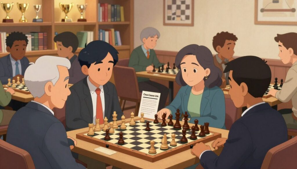 A vibrant indoor chess club scene showcasing a diverse group of chess enthusiasts of various ages and backgrounds, all engaged in strategic gameplay. In the foreground, a well-organized wooden chessboard with elegantly carved pieces stands out, surrounded by focused players dressed in professional business attire and modest casual clothing. The middle ground features a cozy seating area with chess literature and informational flyers, including a visible logo of "Chess Classes USA". The background reveals warmly lit shelves stocked with chess trophies and books, creating an inviting atmosphere. Soft, diffused lighting enhances the ambience, while a slight depth of field highlights the interaction of players. The overall mood is communal and stimulating, encouraging chess learning and competition.