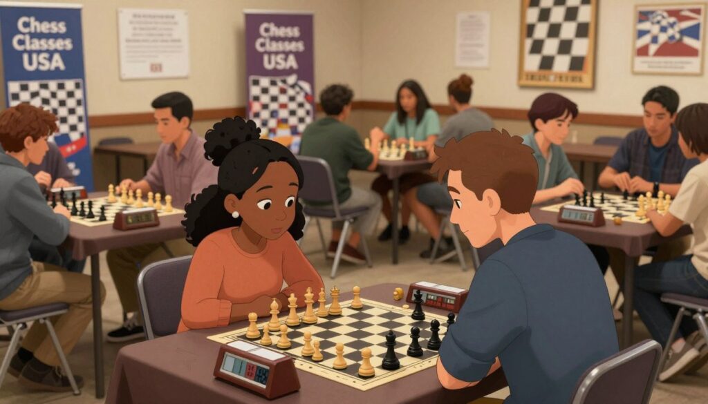 A vibrant indoor chess community event in Ohio, showcasing a diverse group of enthusiastic players engaged in various chess activities. In the foreground, two players, a Black woman and a White man, are deep in concentration over a chess board, surrounded by pieces and chess clocks, dressed in modest casual clothing. In the middle ground, small groups of players discuss strategies and socialize, with chess boards scattered about. The background features banners and posters displaying "Chess Classes USA" along with chess-themed decorations. Warm, inviting soft lighting enhances the camaraderie, creating a welcoming atmosphere. A slight depth of field effect draws focus to the players, while ensuring the venue feels bustling and lively, capturing the essence of community and connection beyond the board. A vibrant indoor chess community event in Ohio, showcasing a diverse group of enthusiastic players engaged in various chess activities. In the foreground, two players, a Black woman and a White man, are deep in concentration over a chess board, surrounded by pieces and chess clocks, dressed in modest casual clothing. In the middle ground, small groups of players discuss strategies and socialize, with chess boards scattered about. The background features banners and posters displaying "Chess Classes USA" along with chess-themed decorations. Warm, inviting soft lighting enhances the camaraderie, creating a welcoming atmosphere. A slight depth of field effect draws focus to the players, while ensuring the venue feels bustling and lively, capturing the essence of community and connection beyond the board.