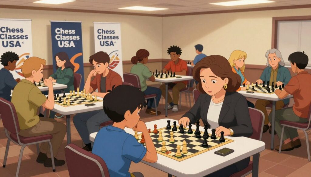 A vibrant indoor chess event scene showcasing a diverse group of chess enthusiasts engaged in intense gameplay. In the foreground, a middle-aged woman in professional attire focuses on her board, while a young boy in casual clothing contemplates his next move. In the middle ground, several tables are occupied by players of various ages and backgrounds, some studying their positions deeply, others exchanging strategies. The background features banners displaying "Chess Classes USA" and a warm, inviting atmosphere with soft overhead lighting that enhances the emotional investment of the participants. The scene captures the excitement and anticipation of future chess events, embodying a sense of community and camaraderie among players. The angle is slightly elevated, offering a comprehensive view of the activity, with an emphasis on lively expressions and engaged interactions.