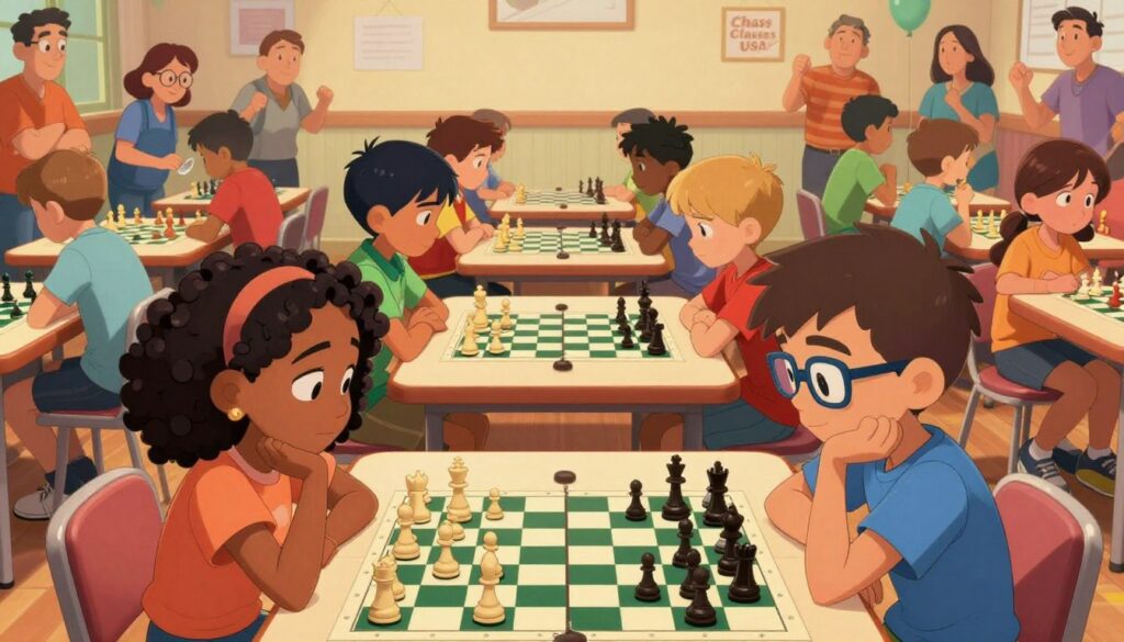 A vibrant indoor chess tournament scene featuring children aged 8 to 12 engaged in competitive chess matches. In the foreground, two focused kids, a girl with curly hair and a boy with glasses, are deep in thought over a chessboard, their expressions serious yet excited. The middle layer includes several other pairs of children in a lively, colorful tournament setting, all seated at tables with chessboards. In the background, a cheering crowd of supportive parents and spectators can be seen, creating an encouraging atmosphere. The lighting is warm and bright, highlighting the intensity of the competition. Capturing the spirit of friendly rivalry, the scene radiates enthusiasm for chess while reflecting the educational value of competitive exposure. Include subtle branding elements for "Chess Classes USA" throughout the decor of the venue.