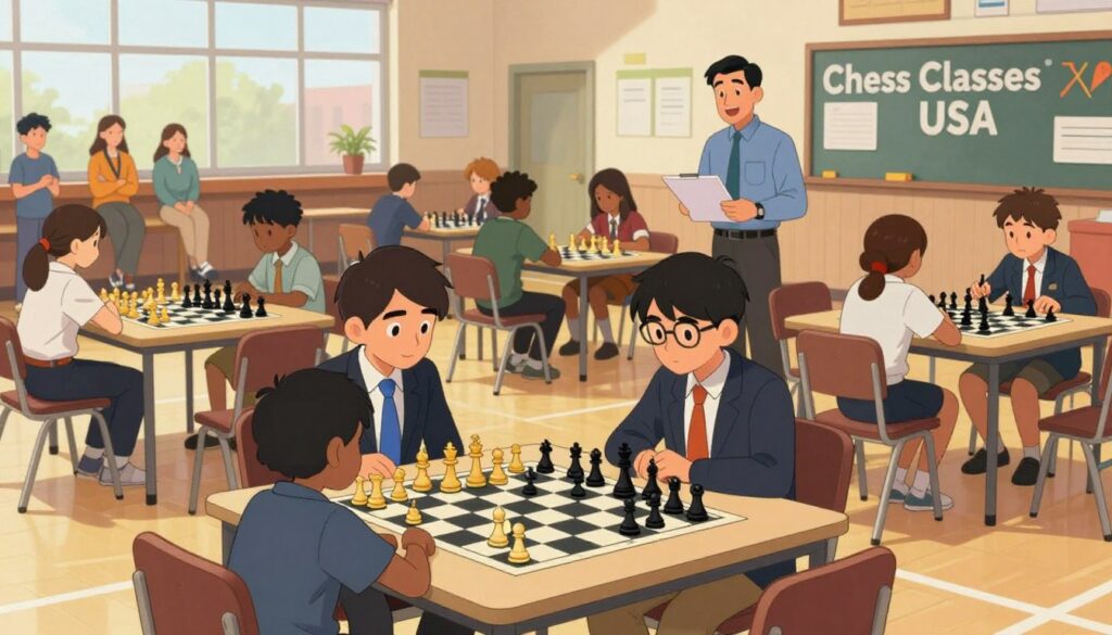 A vibrant indoor chess tournament scene, showcasing an organized setup with multiple tables arranged in a spacious school gymnasium. In the foreground, two young players in professional business attire are intensely focused on their chess game, with chess pieces spread out theatrically on their board. The middle ground features additional tables with other participants deeply engaged in matches, while a friendly tournament director oversees the proceedings, holding a clipboard. The background shows colorful banners reading “Chess Classes USA” adorning the walls, with parents watching from the sidelines. Soft daylight filters through large windows, creating a warm and welcoming atmosphere, enhancing the sense of excitement and community among the students. The angle captures the depth of the room, emphasizing the bustling activity of the tournament.