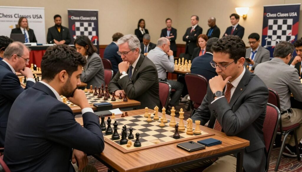 A vibrant indoor scene depicting a major chess tournament in Missouri, with elegantly arranged chess tables in the foreground, each occupied by focused players deep in thought. The participants, dressed in professional business attire, display a mix of anticipation and concentration. In the middle ground, a diverse crowd of spectators gathers, observing the strategies unfold, some leaning forward with excitement. The background features banners showcasing "Chess Classes USA" alongside chess-themed decor, creating an immersive atmosphere. Soft, warm lighting highlights the players and their game boards, enhancing the intensity of the moment. The angle captures the energy of the tournament, inviting viewers into the world of competitive chess in Missouri.