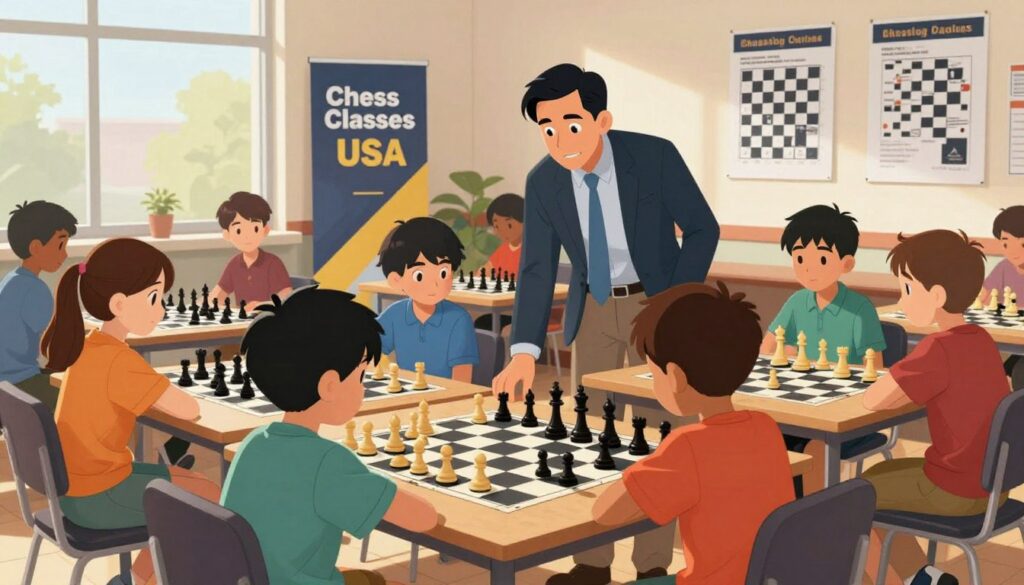 A vibrant indoor setting showcasing a scholastic chess program in action. In the foreground, a diverse group of children, aged 8-12, are focused on their chess boards, competing in a friendly tournament. They are dressed in modest, colorful attire, embodying enthusiasm and concentration. In the middle ground, a chess coach, dressed in smart casual attire, observes and provides guidance, reinforcing the spirit of teamwork and mentorship. The background features banners saying "Chess Classes USA," along with educational posters about chess strategies. Bright, natural lighting filters through large windows, enhancing the atmosphere of learning and excitement, while the angle captures both the intensity of the matches and the supportive environment surrounding the young players.