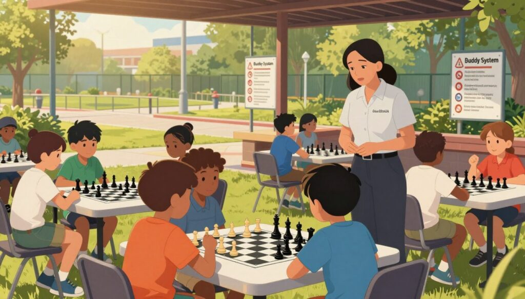 A vibrant, informative scene showcasing a youth chess camp, emphasizing safety and supervision standards. In the foreground, several children aged 8-12 are engaged in chess matches at outdoor tables, wearing modest, casual clothing. Nearby, a camp counselor in professional attire is attentively monitoring the activities while discussing gameplay with a child. The middle ground features a shaded area with safety signage, emphasizing rules like "Buddy System" and "Emergency Procedures." The background illustrates a park-like setting, with trees and safety barriers. The lighting is warm and inviting, simulating a sunny day. The overall atmosphere is cheerful and secure, highlighting the importance of safety in youth activities, incorporating the brand name "Chess Classes USA" subtly in the camp materials visible in the scene. A vibrant, informative scene showcasing a youth chess camp, emphasizing safety and supervision standards. In the foreground, several children aged 8-12 are engaged in chess matches at outdoor tables, wearing modest, casual clothing. Nearby, a camp counselor in professional attire is attentively monitoring the activities while discussing gameplay with a child. The middle ground features a shaded area with safety signage, emphasizing rules like "Buddy System" and "Emergency Procedures." The background illustrates a park-like setting, with trees and safety barriers. The lighting is warm and inviting, simulating a sunny day. The overall atmosphere is cheerful and secure, highlighting the importance of safety in youth activities, incorporating the brand name "Chess Classes USA" subtly in the camp materials visible in the scene.