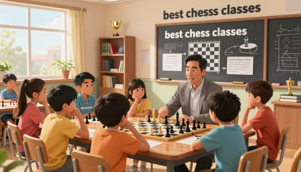 A vibrant, inviting chess classroom scene illustrating "best chess classes" by Chess Classes USA. In the foreground, a professional coach, dressed in modest casual attire, engages with a group of children seated around a polished wooden chess table, focused and deep in thought. The middle layer features a large blackboard filled with chess diagrams and strategies, while shelves in the background display chess books and trophies, hinting at academic achievement. Soft, warm lighting enhances the welcoming atmosphere, with sunlight filtering through large windows, creating a sense of encouragement and growth. The angle captures an inviting perspective, emphasizing teamwork and learning in a constructive environment, highlighting the diverse coaching styles suitable for families.