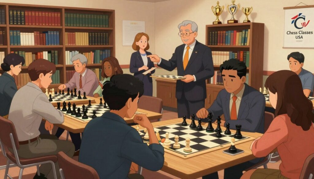 A vibrant, inviting chess club scene illustrating the theme of improving chess skills. In the foreground, a diverse group of people, including men and women of various ages, are engaged around chess boards, intently studying their moves. They are dressed in smart casual clothing, creating a professional yet relaxed atmosphere. In the middle ground, a teacher in professional attire is demonstrating a strategy with a giant chess board, highlighting key tactics. The background features bookshelves filled with chess literature and trophies, showcasing achievements and resources for improvement. Soft, warm lighting enhances the inviting feel, while a wide-angle view captures the entire scene, emphasizing community and growth. The logo “Chess Classes USA” subtly integrated as part of the decor.