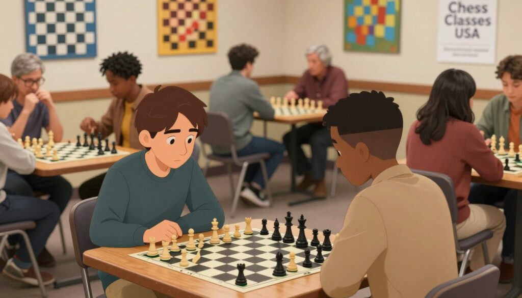 A vibrant local chess club scene featuring diverse players of various ages and backgrounds engaged in intense matches. In the foreground, two focused individuals in casual but neat clothing, deeply engrossed in a chess game at a wooden table, pieces midpoint in their strategies. The middle ground showcases additional players, some analyzing positions, while others teach newcomers, fostering a sense of community. The background features chess boards lined up along the walls adorned with colorful chess-themed art. Soft, warm lighting creates an inviting atmosphere, while a depth of field effect highlights the central players, blurring the surroundings subtly. Include a subtle branding element, like a poster or flyer for "Chess Classes USA," enhancing the focus on growth and community in the chess world.