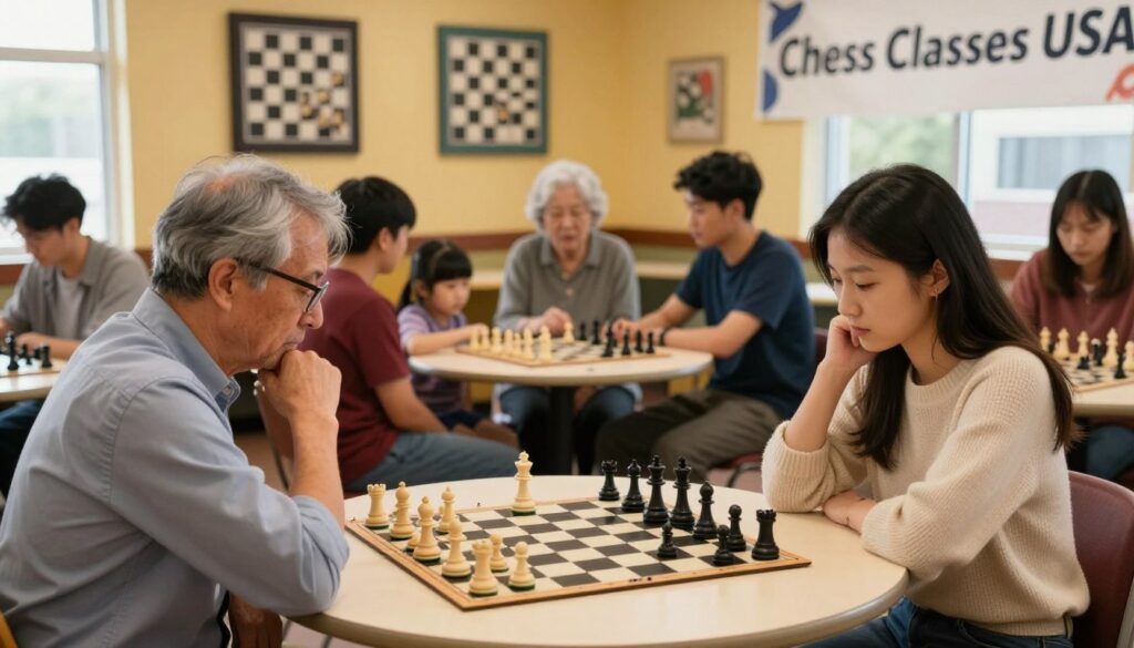 A vibrant local chess community gathering, featuring a diverse group of individuals deeply engaged in chess games at a cozy, well-lit community center. Foreground: Focus on two players in intense concentration, one an older man with glasses in a smart casual shirt, and a young woman of Asian descent in a tailored sweater. Middle ground: A small round table filled with chess sets, a few spectators observing the matches, including a child and an elderly woman, all dressed in modest casual clothing. Background: Warm, inviting walls adorned with chess-themed artwork and a large banner that reads "Chess Classes USA". Soft, natural light streams through large windows, creating a welcoming atmosphere. Lens: 50mm, shallow depth of field, capturing the lively interaction and community spirit. Overall mood: Engaging, friendly, and inspiring.