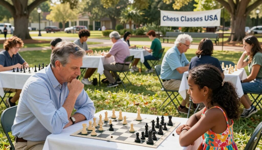 A vibrant local chess community gathering in South Carolina, capturing a diverse group of enthusiastic players of all ages, engaged in lively matches at a park. In the foreground, a middle-aged man in a smart-casual button-up shirt thoughtfully considers his next move against a young girl in a colorful sundress, both leaning over a chessboard. The middle ground features a couple of other matches, with a mix of participants—teenagers, adults, and seniors—all focused and enjoying the game. The background shows a beautiful sunny day with lush greenery and trees, evoking a warm, inviting atmosphere. Soft sunlight bathes the scene, creating gentle shadows, while the lens captures a wide-angle view to emphasize the community feel. Prominently in the scene is a banner reading "Chess Classes USA," symbolizing the growth of chess in the community.