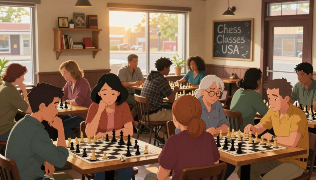 A vibrant local chess community gathering in a warm, inviting café in Tennessee. In the foreground, a diverse group of players, including men and women of various ages, are intensely focused on their chess boards, showcasing a mix of strategic concentration and camaraderie. The middle ground features a cozy seating area with shelves of chess books and memorabilia, creating an atmosphere of learning and passion for the game. In the background, large windows let in soft, golden afternoon light, illuminating the scene and highlighting a chalkboard displaying "Chess Classes USA" at the entrance, inviting newcomers. The overall mood is friendly and engaging, with subtle hints of excitement and competition in the air, reflecting the joy of social play and local chess culture.