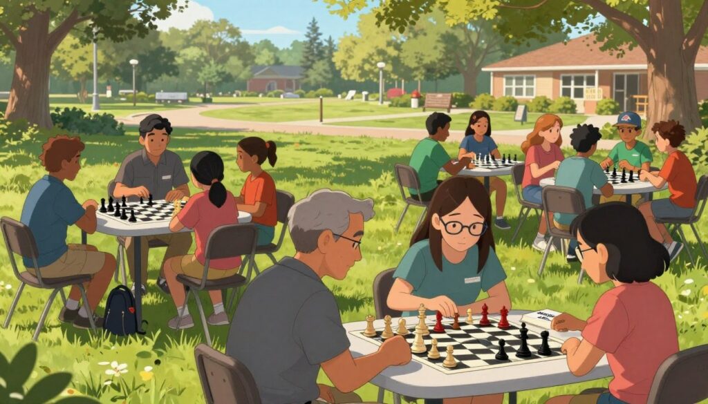 A vibrant local chess community gathering in an inviting park setting, showcasing diverse players of various ages engaged in intense chess matches. In the foreground, a middle-aged man in casual attire is deeply focused on his game with a younger woman in glasses, both illustrating concentration and camaraderie. In the middle ground, a mix of children and adults are clustered around tables, some studying chess strategies from books. The background reveals a lush green landscape with trees and a distant view of a community center, suggesting an engaging environment. Soft afternoon sunlight casts gentle shadows, enhancing a warm, friendly atmosphere. The scene subtly incorporates the logo of "Chess Classes USA" on a nearby banner, ensuring it complements the social gathering theme without dominating the image.