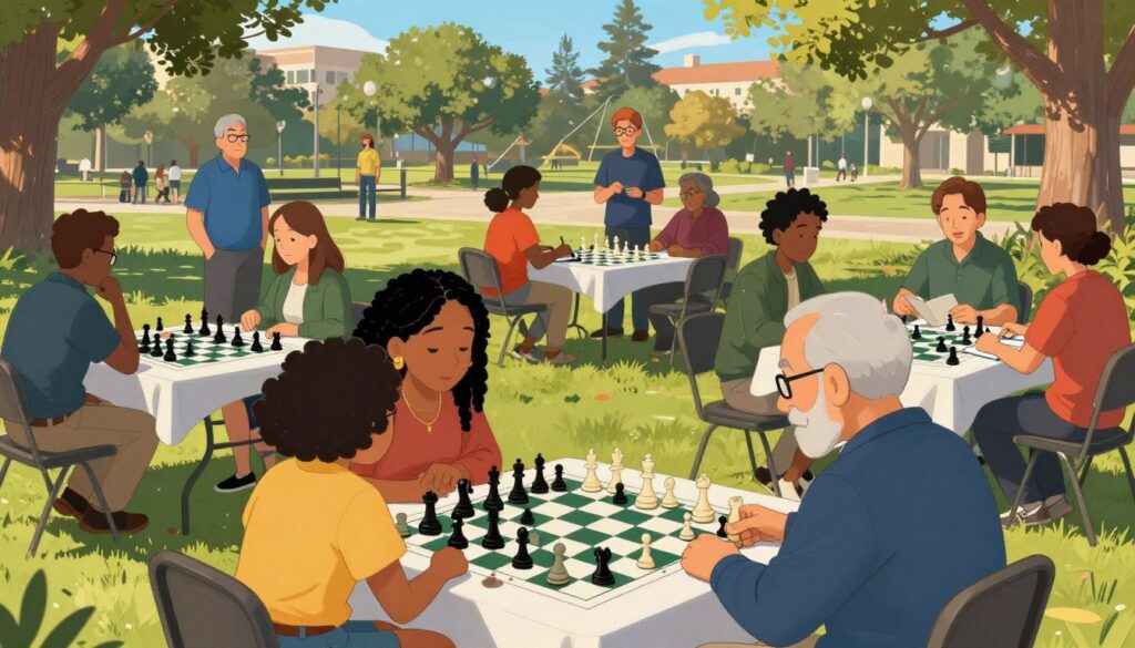 A vibrant local chess community in California, showcasing a diverse group of individuals engaged in intense matches at a park setting. In the foreground, two players of different ethnicities, a young woman and an older gentleman, concentrate on a chessboard surrounded by spectators. The middle ground features several onlookers chatting and observing, some with notebooks and pens, while a nearby table displays promotional materials from "Chess Classes USA". In the background, lush trees and a sunny blue sky create a warm atmosphere, with sunlight filtering through the leaves. The scene is captured with a slight aerial angle, emphasizing the camaraderie and focus of the players. The overall mood is energetic, social, and inviting, celebrating the economic and social value of chess communities.