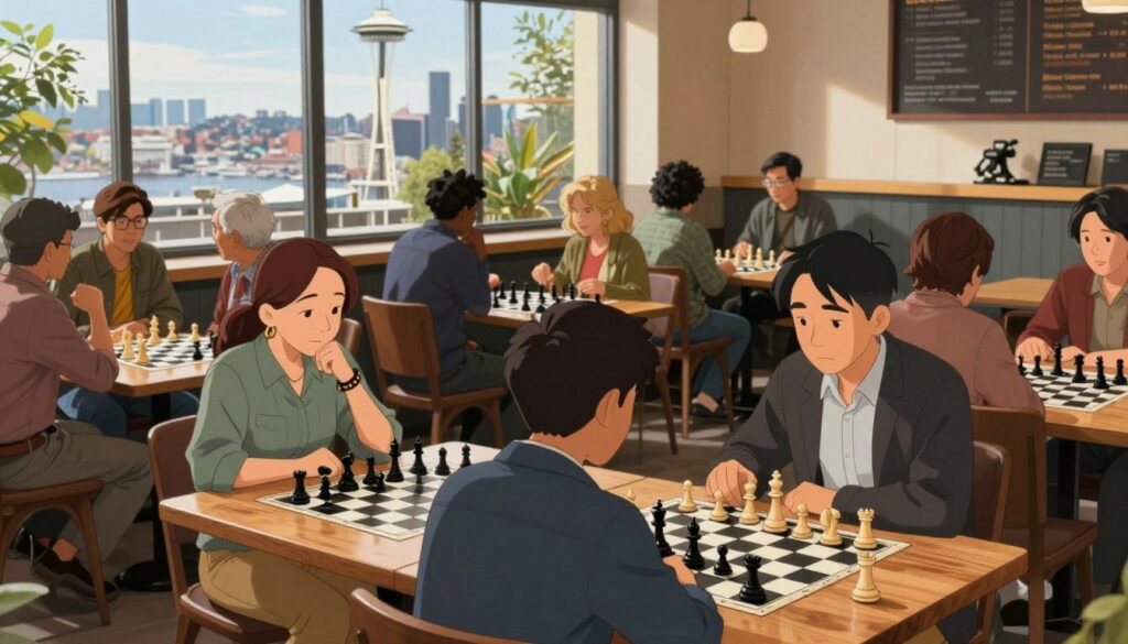 A vibrant local chess community scene in Seattle, showcasing a diverse group of enthusiastic players of various ages and backgrounds, engaging in friendly matches at a cozy café. In the foreground, two players intensely focused on their chessboard, one male and one female, both in business casual attire. In the middle, tables arranged with chess sets, surrounded by people chatting, analyzing games, and sharing strategies. The background reveals large windows letting in warm natural light, with Seattle’s iconic Space Needle visible outside. The atmosphere is lively and welcoming, embodying a sense of camaraderie and joy in the pursuit of chess. Include a banner for "Chess Classes USA" subtly in the background. Emphasize a clear, bright image, captured with a slightly wide-angle lens.