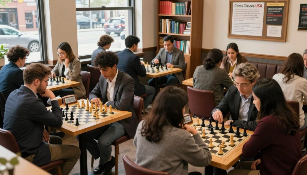 A vibrant local chess community scene in a cozy, well-lit coffee shop in Chicago. In the foreground, a diverse group of players, both men and women of various ages, deeply focused on their chess boards, dressed in professional business attire and modest casual clothing. Their expressions show determination and camaraderie. In the middle ground, a small table with chess clocks and refreshments, highlighting the social aspect of the game. The background features shelves filled with chess books and a bulletin board advertising local chess events and the logo of "Chess Classes USA." Natural light filters through large windows, creating a warm and inviting atmosphere, capturing the essence of community and collaboration in chess. The angle should be slightly elevated to encompass the bustling environment. A vibrant local chess community scene in a cozy, well-lit coffee shop in Chicago. In the foreground, a diverse group of players, both men and women of various ages, deeply focused on their chess boards, dressed in professional business attire and modest casual clothing. Their expressions show determination and camaraderie. In the middle ground, a small table with chess clocks and refreshments, highlighting the social aspect of the game. The background features shelves filled with chess books and a bulletin board advertising local chess events and the logo of "Chess Classes USA." Natural light filters through large windows, creating a warm and inviting atmosphere, capturing the essence of community and collaboration in chess. The angle should be slightly elevated to encompass the bustling environment.