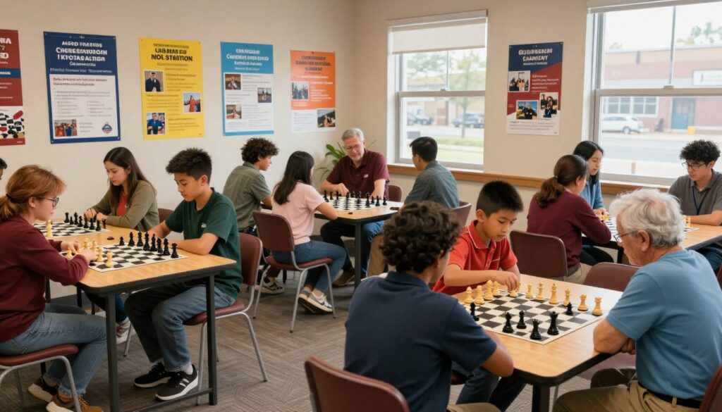 A vibrant local chess community scene set in a cozy, well-lit community center in Washington state. In the foreground, diverse participants of various ages, including children and seniors, are engaged in intense chess matches at several wooden tables. They are dressed in smart casual clothing, reflecting a welcoming atmosphere. The middle ground shows a small group discussing chess strategies, with chessboards and pieces scattered around, highlighting collaboration and learning. In the background, colorful posters of regional chess events and photos of past tournaments adorn the walls, while soft, warm light streams in from large windows, creating an inviting ambiance. Capture the spirit of local teamwork and friendly competition with the logo of "Chess Classes USA" subtly featured on some materials in the setting.