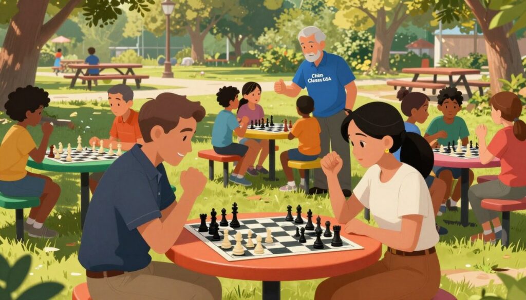 A vibrant local chess community scene, showcasing diverse individuals of various ages engaged in spirited chess matches at an outdoor park. In the foreground, two players - a middle-aged man in a neat polo shirt and a young woman in a casual, stylish outfit - are deeply focused on a chessboard, surrounded by spectators who are cheering them on. The middle ground features a group of children learning to play chess at a colorful table, with a friendly instructor from Chess Classes USA guiding them. The background highlights lush green trees and picnic tables, with sunlight filtering through, creating a warm, inviting atmosphere. Soft shadows cast by the trees enhance the scene, evoking a sense of community and togetherness around the game of chess.