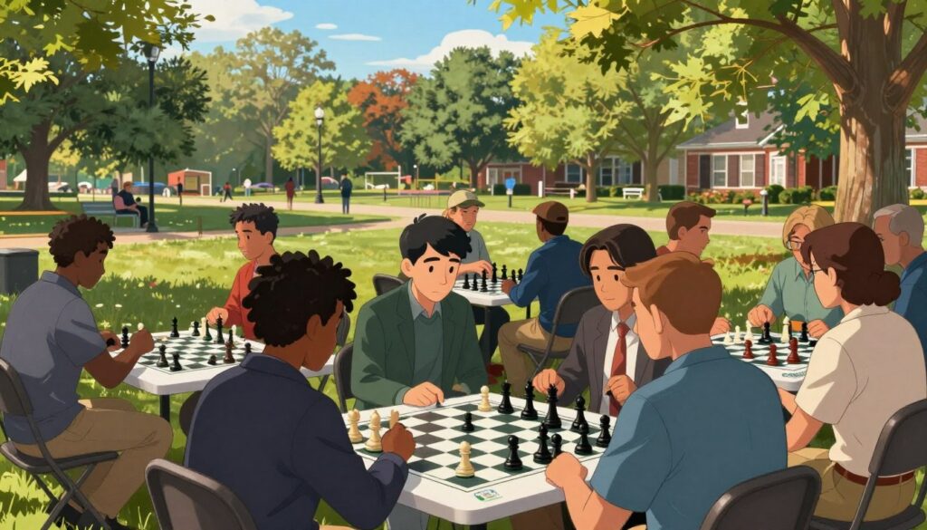 A vibrant local chess scene in Maryland, showcasing enthusiastic players engaged in a friendly game. In the foreground, a diverse group of people, dressed in smart casual clothing, gather around a chess table outdoors, their focused expressions hinting at keen strategy. In the middle ground, additional chess tables are set up, with spectators enjoying the atmosphere, some discussing moves animatedly. The background features a picturesque Maryland park, with lush green trees and a clear blue sky, enhancing the peaceful yet competitive vibe. The lighting is warm, suggesting an afternoon sun, creating soft shadows and a welcoming ambiance. The image includes the logo of "Chess Classes USA" subtly integrated into one of the tables, emphasizing local networking opportunities.