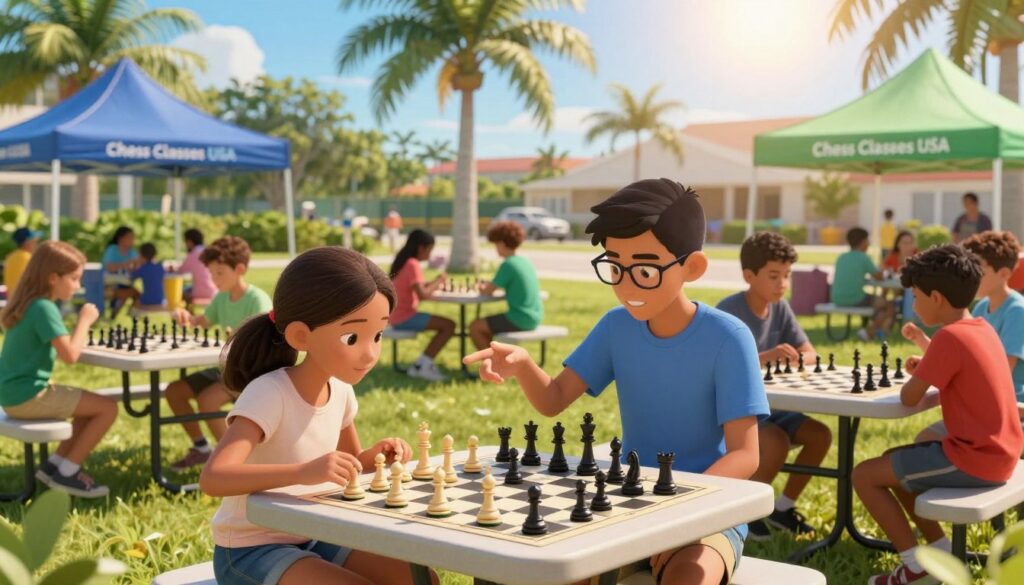 A vibrant outdoor chess camp scene in Florida, showcasing a diverse group of children, ages 8-14, engaged in chess activities. In the foreground, a young girl in modest casual clothing studies a chessboard intensely, while nearby, a boy with glasses explains a strategy to a friend. The middle ground features picnic tables with chess boards, surrounded by palm trees and colorful tents branded with "Chess Classes USA." In the background, the bright Florida sun casts warm lighting, creating a cheerful atmosphere. The soft focus of the lush greenery enhances the feeling of a lively summer camp experience. Capture this scene with a wide-angle lens, emphasizing the camaraderie and excitement of chess learning in a summertime setting.