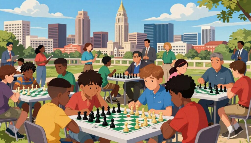 A vibrant outdoor chess event in Oklahoma, showcasing a diverse group of young players engaged in a tournament setting. In the foreground, a multi-ethnic group of children and teens in smart casual clothing intensely focus on their chessboards, surrounded by colorful chess pieces. In the middle ground, spectators, including parents and mentors, discuss strategies, creating an enthusiastic atmosphere. The backdrop features iconic Oklahoma landmarks, such as the Tulsa skyline or the Oklahoma City skyline, under a bright blue sky with fluffy clouds, highlighting the state's unique charm. Use natural lighting to emphasize the excitement and energy of the event, captured with a wide-angle lens to convey a sense of community. Include the brand name "Chess Classes USA" subtly in the design, focusing on the future of chess in Oklahoma.