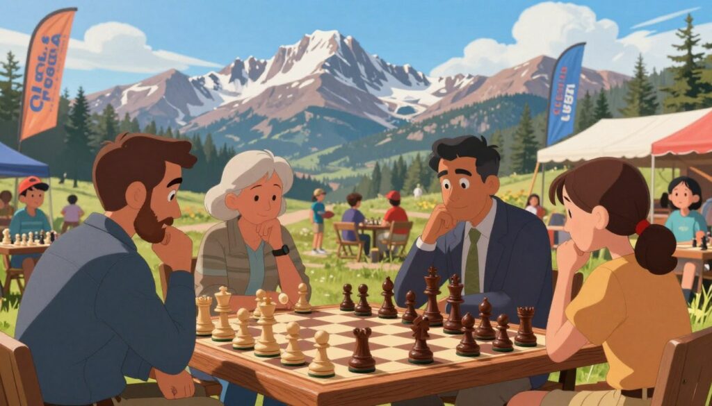 A vibrant outdoor chess game set against the stunning backdrop of the Colorado Rocky Mountains. In the foreground, a large wooden chessboard with intricately carved pieces in mid-game, showcasing players deeply focused on their strategies. A diverse group of adults and children, dressed in professional attire and modest casual clothing, gather around, some deep in thought, while others engage in discussions. The middle ground features hints of a friendly tournament atmosphere, with colorful banners displaying "Chess Classes USA" fluttering in the breeze. In the background, the majestic mountains rise under a bright blue sky, complemented by soft, warm sunlight creating a lively and inspiring atmosphere. The scene conveys the excitement of chess in a picturesque Colorado setting, where community and strategy intertwine.