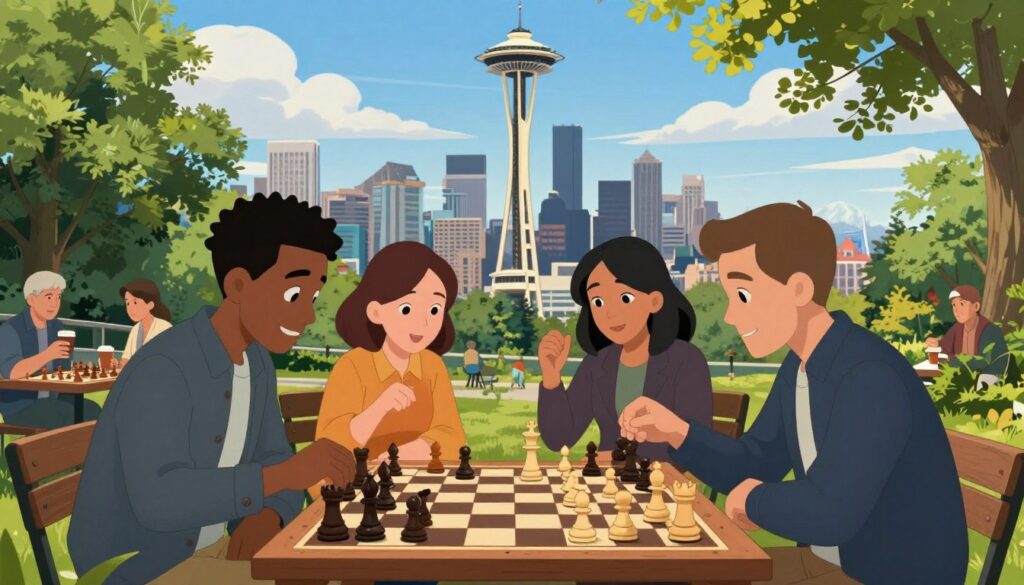 A vibrant outdoor chess match taking place in a picturesque Washington State park, showcasing players engrossed in the game. In the foreground, a diverse group of four individuals—two men and two women, dressed in smart casual attire—lean over a large wooden chessboard, deep in concentration. In the middle ground, a few spectators casually observe, some sipping coffee, while others cheer them on. The background depicts the iconic Seattle skyline with the Space Needle, framed by lush green trees and distant mountains under a bright blue sky with fluffy white clouds. The lighting is warm and inviting, capturing a lively yet relaxed atmosphere. The image includes the logo of "Chess Classes USA" subtly integrated into the scene, enhancing the theme of the rich history of chess in Washington State.