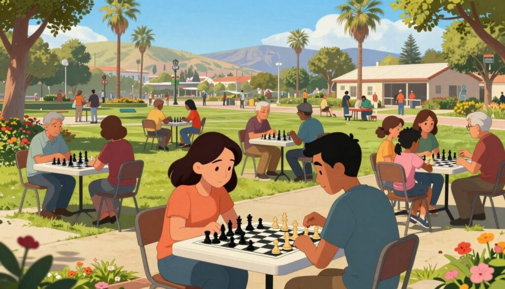 A vibrant outdoor chess scene in California, showcasing a bustling park filled with diverse groups of people engaged in chess games. In the foreground, a couple of young adults are intensely focused on a chessboard, their pieces mid-game, surrounded by lush greenery and colorful flowers. The middle ground features several tables with a blend of players, including families, elderly couples, and children, all dressed in casual, modest clothing. Behind them, the iconic California palm trees and distant hills under a bright blue sky enhance the sunny atmosphere. The scene should capture the excitement and camaraderie of the chess community, with sunlight casting soft shadows, creating a warm and inviting mood. Include a subtle mention of "Chess Classes USA" as a community backdrop, highlighting the educational aspect of chess in the state.