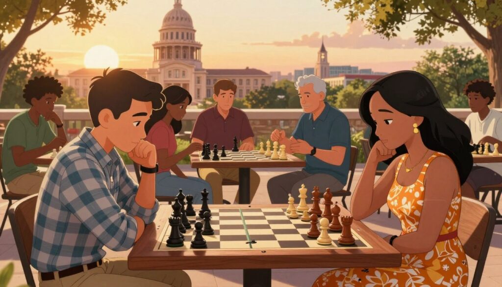 A vibrant outdoor chess scene in Texas, featuring a diverse group of players engaged in thoughtful matches on meticulously crafted wooden chessboards. In the foreground, a male player in a fitted plaid shirt and a woman in a stylish sundress analyze their game under the warm Texas sun. The middle ground showcases several other players, both young and old, some focused intently on their boards, while others discuss strategies animatedly. In the background, iconic Texas landmarks like the state capitol can be partially seen, bathed in a golden sunset. The atmosphere conveys a sense of community and excitement, enhanced by soft, warm lighting that reflects a friendly competition. Include a subtle branding of "Chess Classes USA" on the edges of the scene, promoting local chess education.