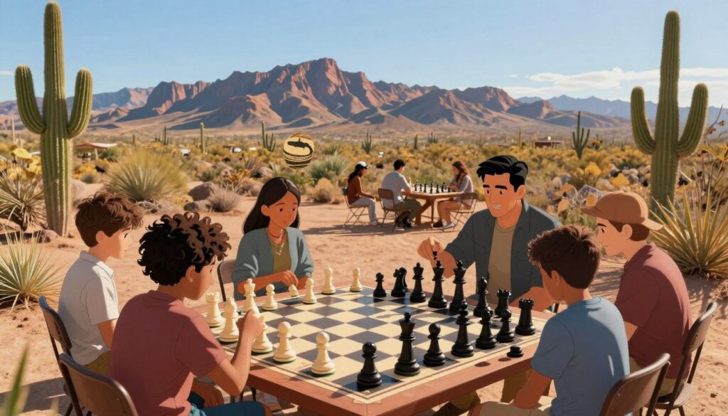 A vibrant outdoor chess scene set against the stunning Arizona desert landscape. In the foreground, a large, intricately designed outdoor chessboard is surrounded by players, including children and adults dressed in smart, casual attire, deeply focused on their game. In the middle ground, the players are framed by cacti and native desert plants, with a warm, golden light illuminating the scene, indicative of a late afternoon sun. The background features iconic Arizona mountains and a clear blue sky, enhancing the serene yet competitive atmosphere. The image embodies the spirit of "Chess Classes USA," showcasing the unique fusion of chess culture and the beautiful Arizona environment. The shot is taken from a slightly elevated angle to capture both the game and the expansive landscape beautifully.