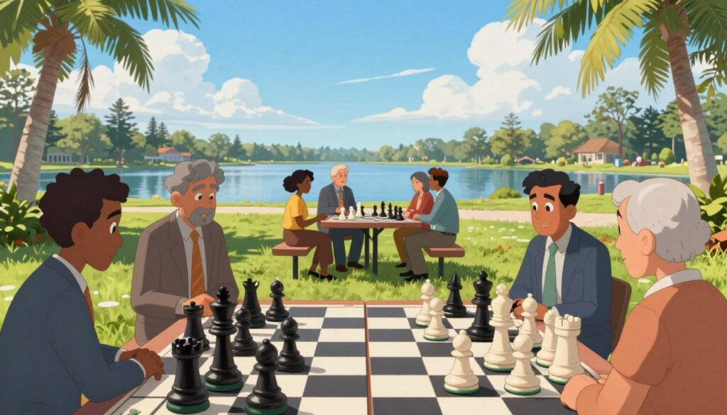 A vibrant outdoor chess scene set in a sunny Florida park. In the foreground, diverse players of various ages, dressed in professional business attire and modest casual clothing, are deeply engaged in gameplay, surrounded by large chess pieces. The midground features a small group observing a friendly match, while chess boards and pieces are arranged on picnic tables under palm trees. The background showcases a peaceful view of a serene lake, with bright blue skies filled with a few fluffy clouds. The atmosphere conveys excitement and community spirit. Soft, natural lighting enhances the warm ambiance of a sunny day. Include subtle branding elements representing "Chess Classes USA" in a tasteful manner that blends into the natural environment.