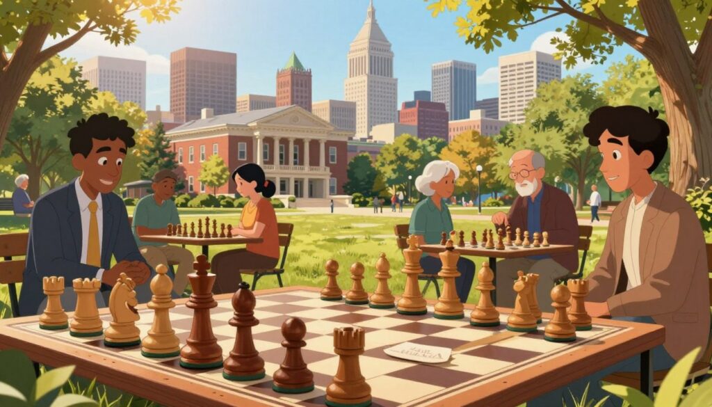 A vibrant outdoor chess set dominates the foreground, showcasing beautifully crafted wooden chess pieces in a lively park setting in Missouri. Nearby, a diverse group of individuals, including young adults and seniors, engage in friendly matches, dressed in professional business attire and modest casual clothing. In the middle ground, a historic building representing a chess center or club is subtly visible, with lush greenery surrounding it. The background features the iconic skyline of St. Louis, hinting at Kansas City's culture. Warm, golden sunlight filters through the trees, casting lively shadows and creating an inviting atmosphere. The scene conveys a sense of community and inclusivity in chess, representing "Chess Classes USA" as a welcoming hub for all skill levels.